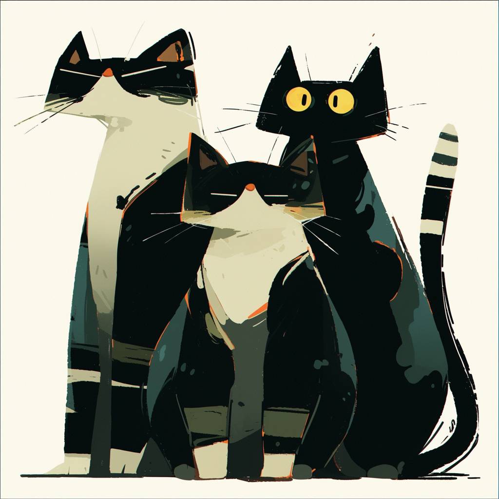 A close-up of three cats standing front and back, set against a pure white background in a minimalist style illustration.