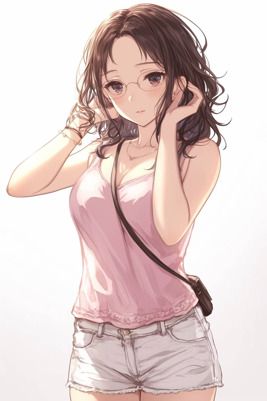 Kaguya Shinomiya trägt ein hellrosa Tanktop und weiße Denim-Shorts, die Frühlingseleganz mit einem Hauch von Klasse ausstrahlen.