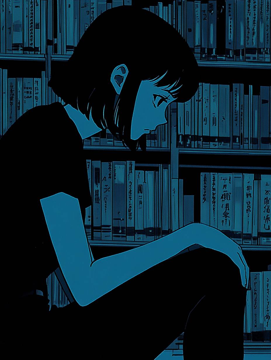 A Japanese high school girl in 80 denier black stockings sits peacefully in a quiet library, her expression focused and serene.