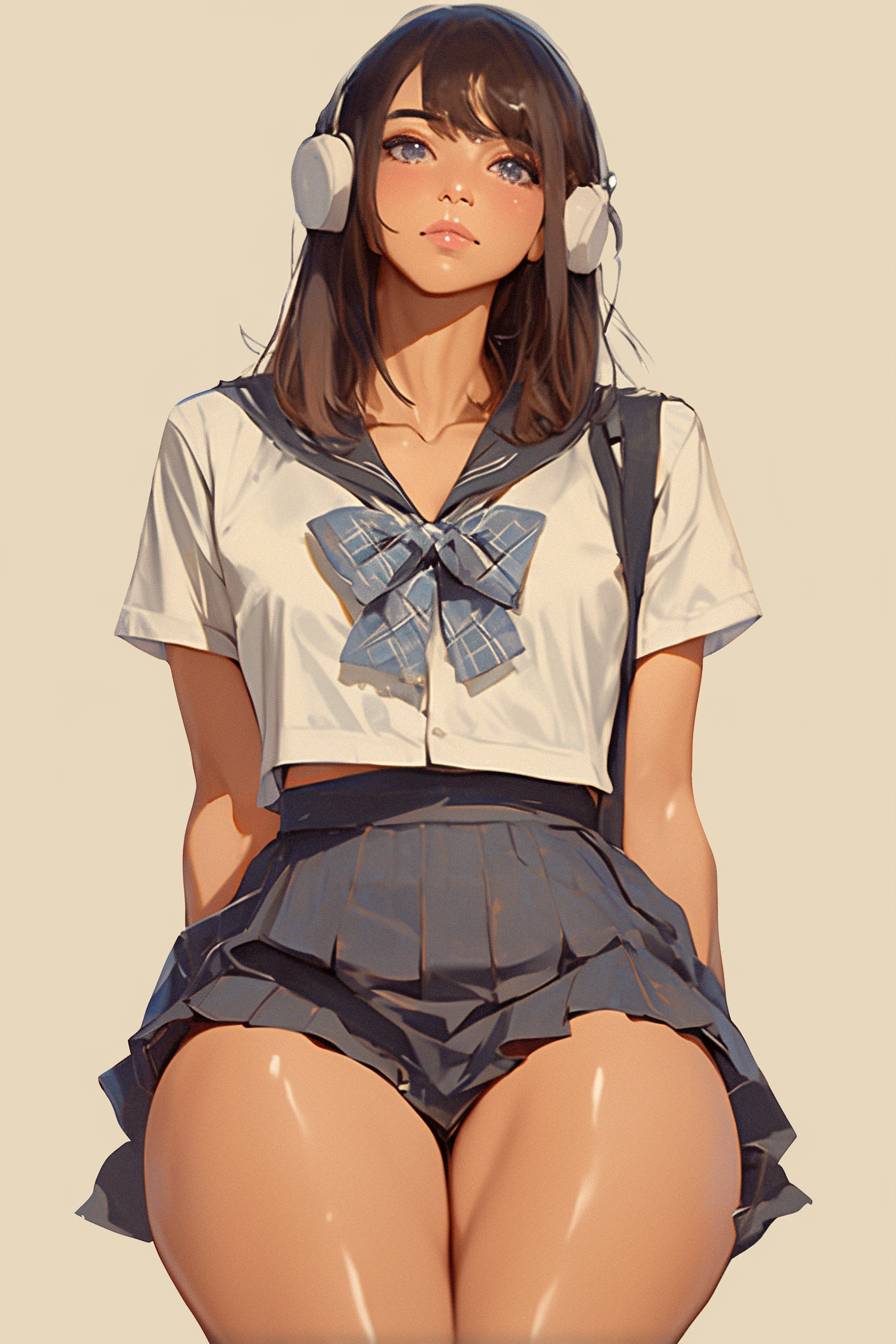 A stylish anime schoolgirl in a navy sailor uniform with a plaid bow, short black hair, oversized sunglasses, and retro headphones.