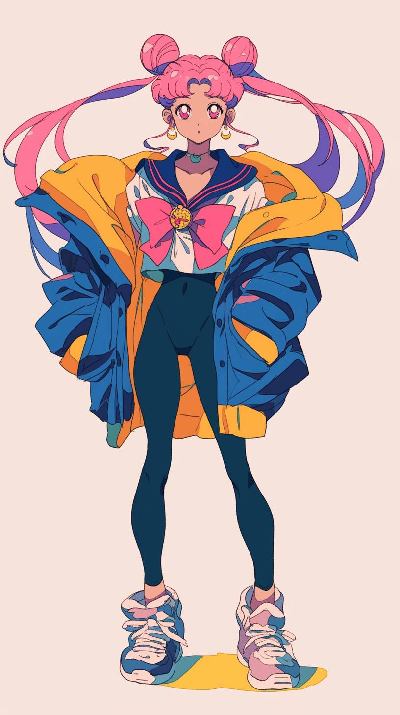 El atuendo clásico de Sailor Moon se moderniza con una sudadera oversized y leggings, vibrante y juvenil.