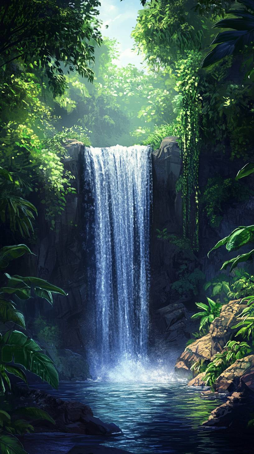 Tropical rainforest waterfall, realistic style, glossy wet textures.