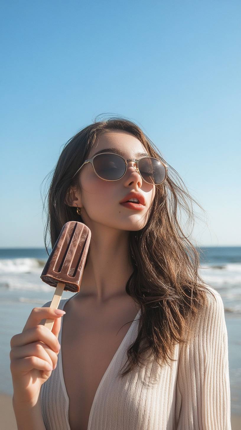 A stylish girl wearing sunglasses walks on the beach, eating a chocolate popsicle.