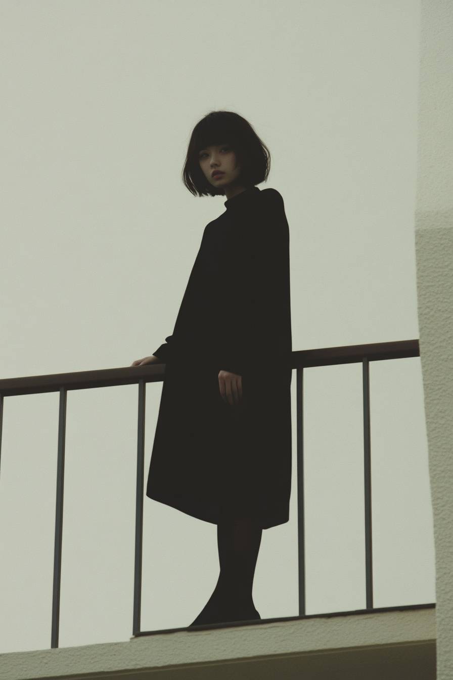 Ein japanisches Mädchen in einem minimalistischen, kantigen schwarzen Langarmkleid steht auf dem Balkon mit einer Hand an der Seite.