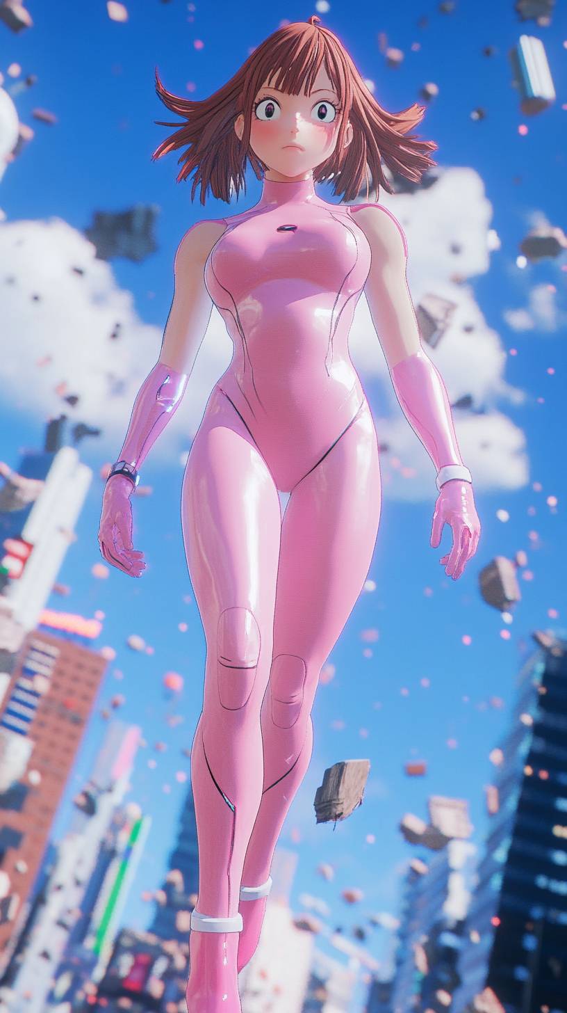 El traje rosa mejorado de Ochako Uraraka de My Hero Academia, con escombros flotantes y el horizonte de la ciudad.