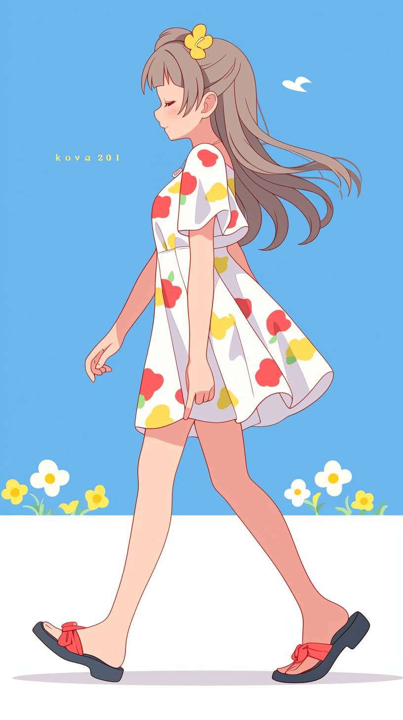 Kotori Minami de Love Live! porte une robe d'été florale et des sandales, dégageant une ambiance paisible et mignonne.