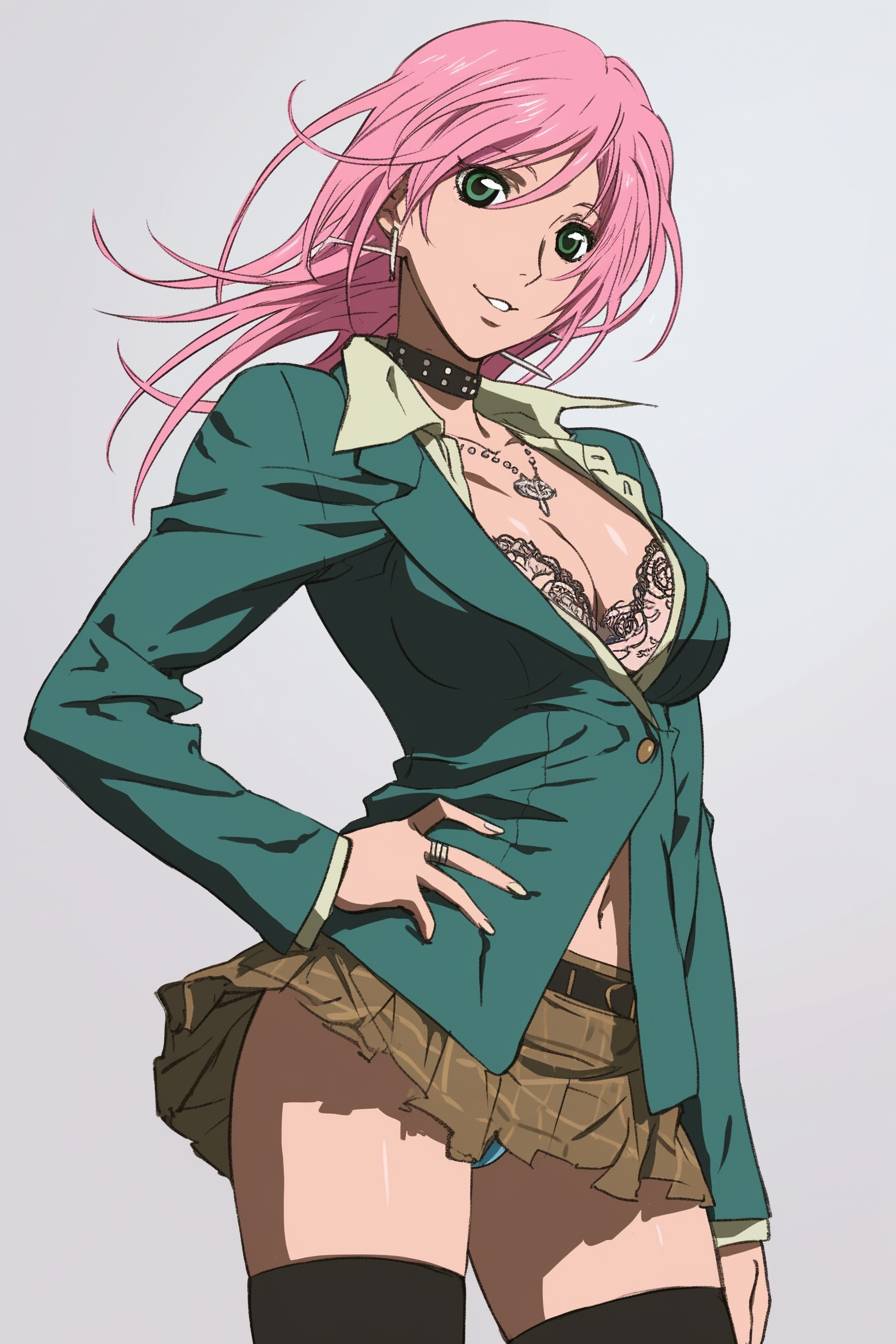 Moka Akashiya aus Rosario + Vampire ist süß, aber edgy in einem kurzen Rock, Stiefeln und einer Lederjacke.