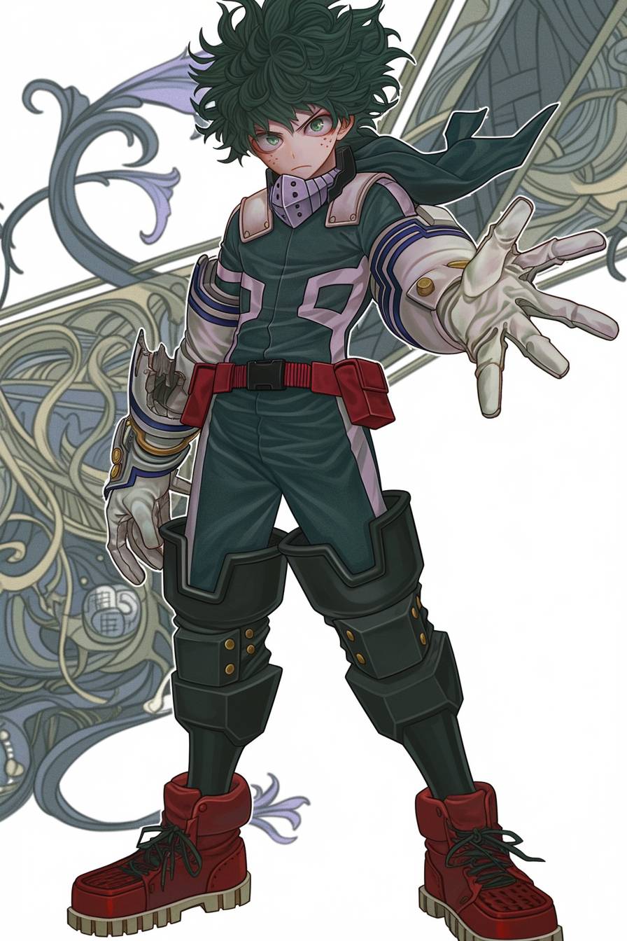 Deku wears a green hero costume with red boots and white gloves, and has messy green hair.