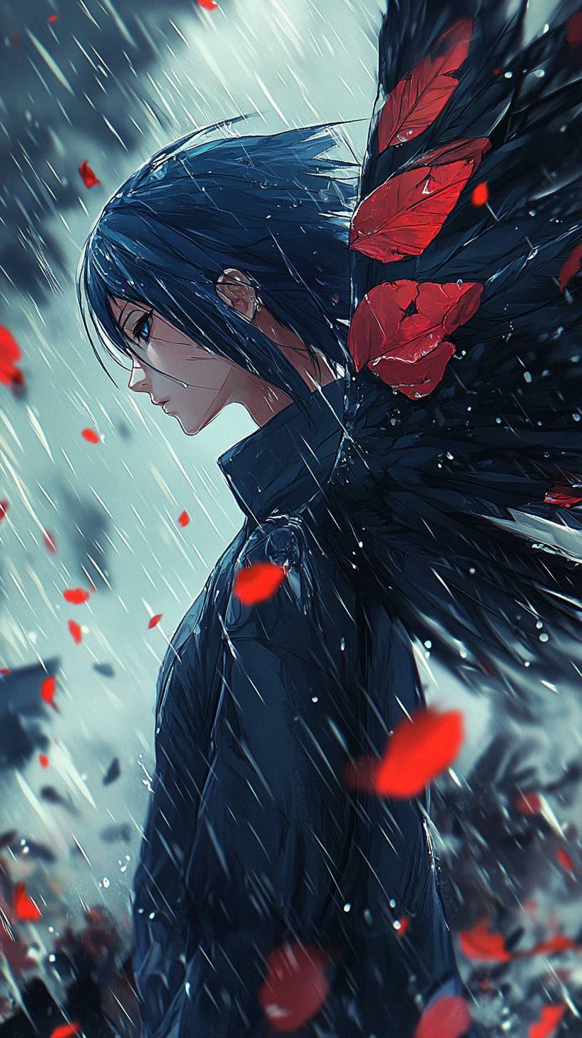 Konan de Naruto, cabello azul, flor de papel y alas de papel desplegándose en un campo de batalla lluvioso.