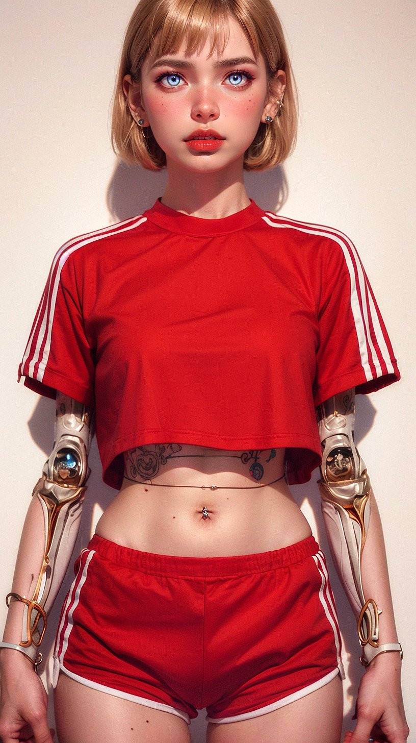 Un personnage féminin en tenue de sport rouge avec un bras mécanique, montrant une ambiance technologique futuriste.