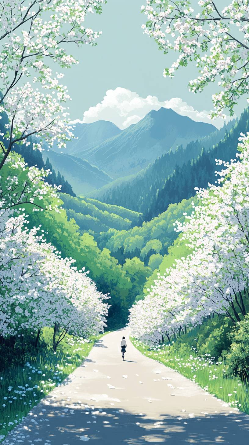 Au printemps, la campagne est pleine de verdure, une personne roule sur la route bordée de fleurs de poirier blanches des deux côtés.