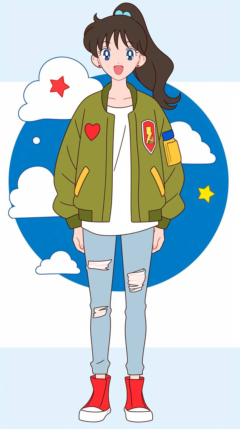 Makoto Kino (Sailor Jupiter) aus Sailor Moon trägt eine grüne Bomberjacke, zerrissene Jeans und Kampfstiefel und zeigt einen Streetstyle mit Eleganz.