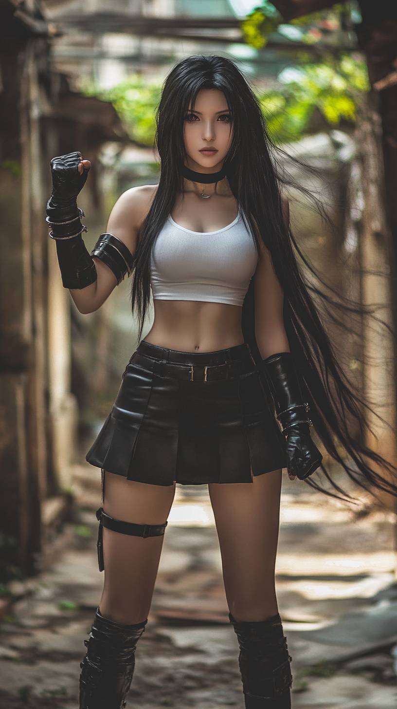 Tifa Lockhart de Final Fantasy VII, usando uma saia preta e uma blusa branca, com punhos prontos nos subúrbios de Midgar.