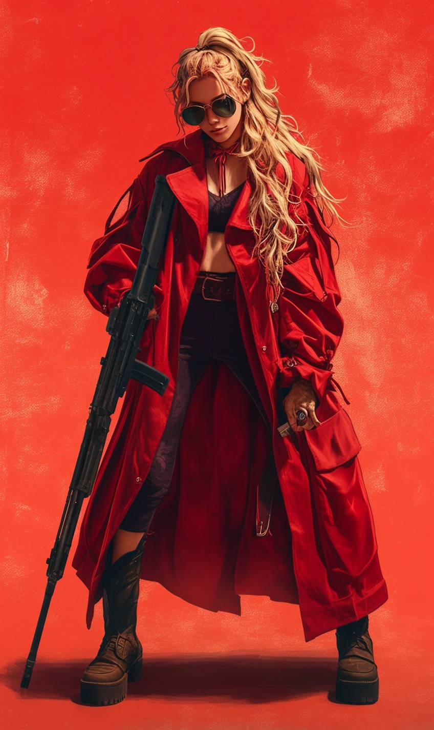 Modelo top vestido como Vash the Stampede, usando um longo casaco vermelho, botas de cowboy desgastadas, óculos escuros, cabelo bagunçado e uma expressão feroz, mas despreocupada, segurando uma arma.