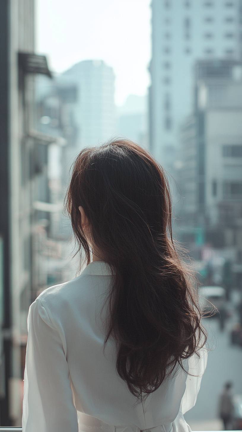 Uma mulher chinesa de 25 anos, na moda, vista de costas, imersa em uma atmosfera urbana onírica em branco.