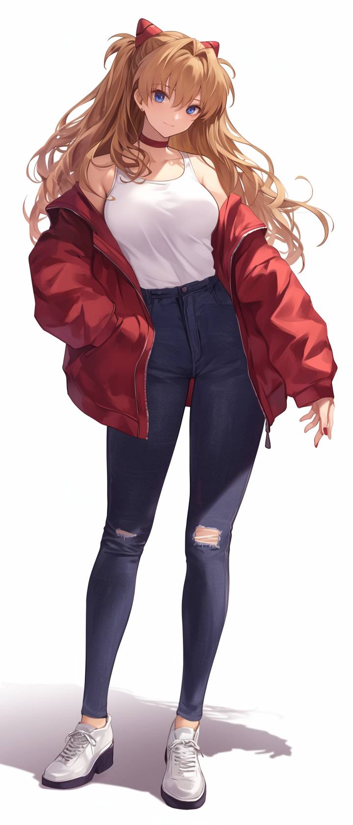 Asuka Langley porte un débardeur blanc simple et un jean skinny bleu foncé, agrémenté d'une veste rouge vibrante pour un look printanier.