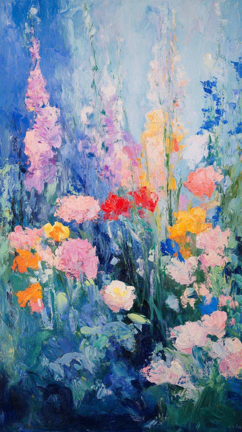 Impressionist garden with blooming flowers and soft brushstrokes.