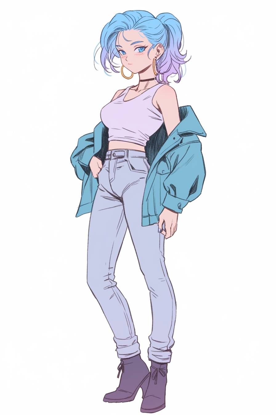 Une actrice célèbre incarne le style casual futuriste de Bulma avec une veste courte, un jean slim et des bottes élégantes, dégageant une attitude cool et confiante.