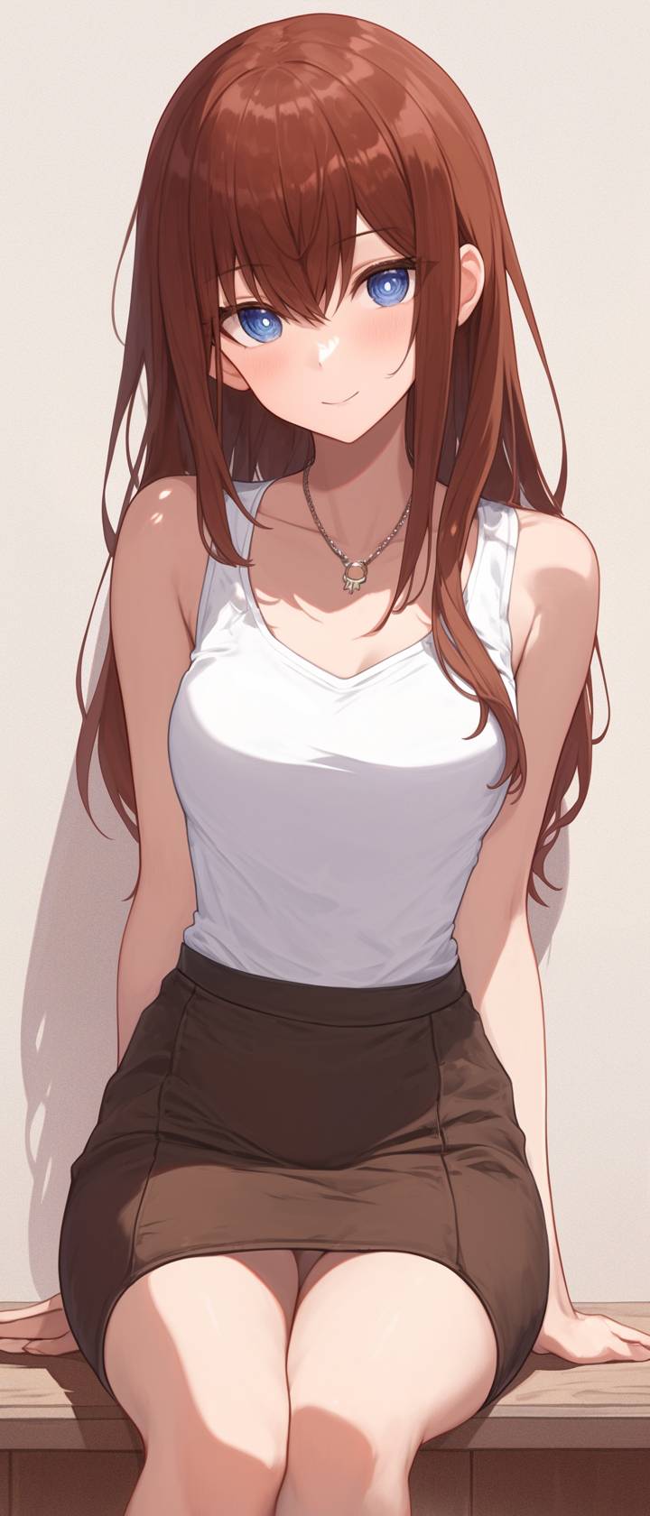 Makise Kurisu from Steins;Gate is in a white tank top and brown skirt, a smart yet casual spring academic look, perfect for studying outside.