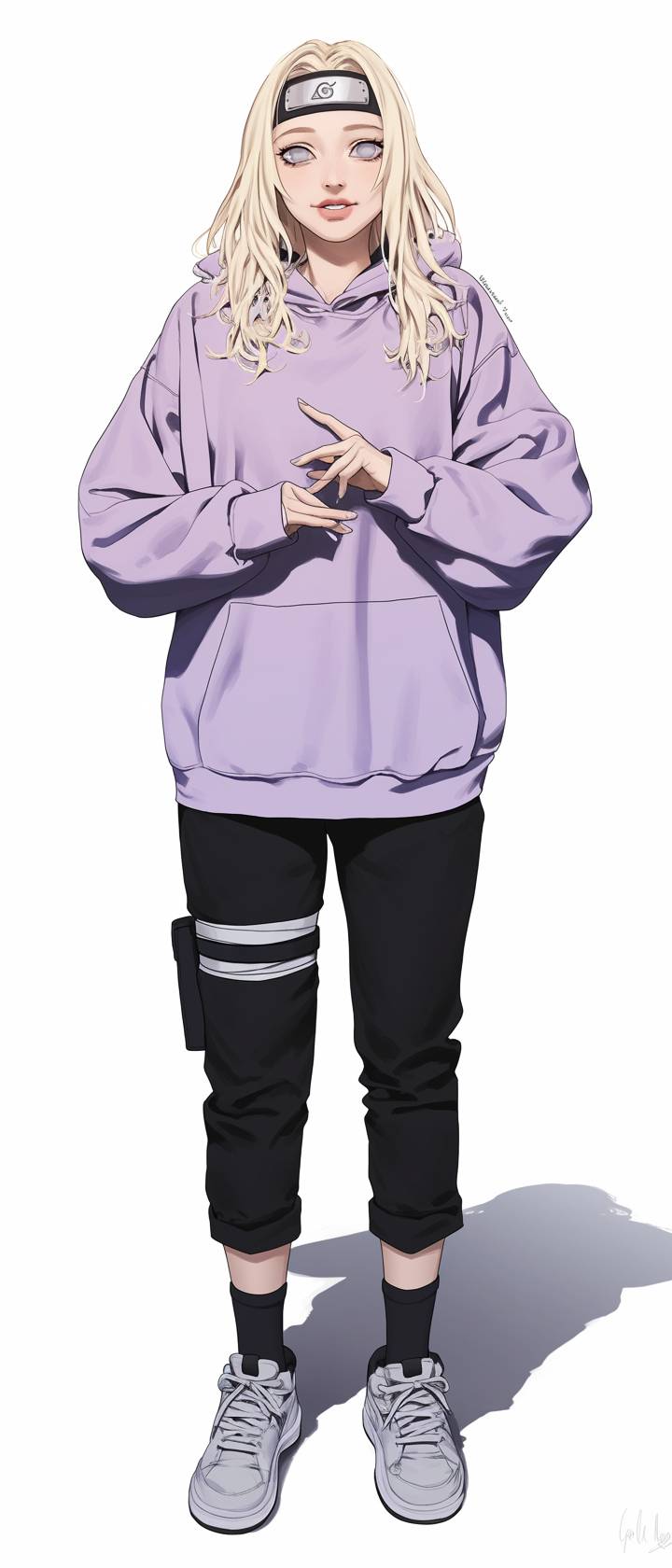 Dakota Fanning cosplaying as Hinata Hyuga from Naruto, wearing a Chloe lavender hoodie and black cargo pants.