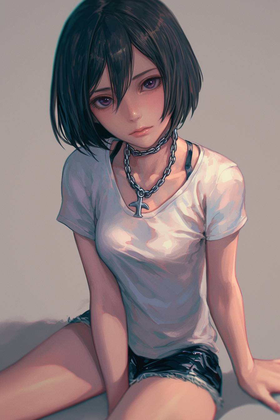 Uma bela Mikasa Ackerman de shorts e camiseta, cabelo curto e escuro, pose sentada com correntes ao redor do pescoço, fundo cinza, cores completas.