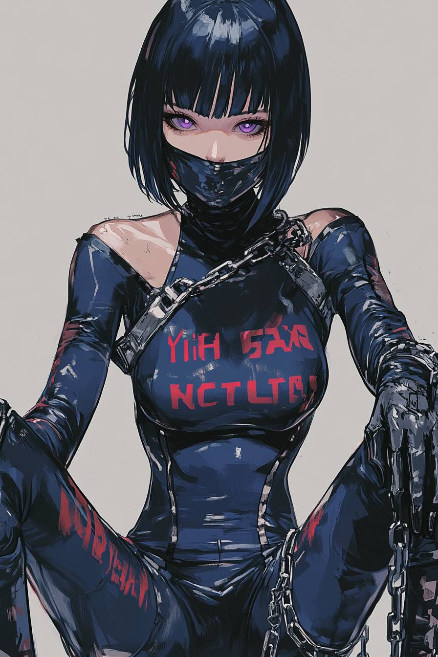 A beautiful Nico Robin in a black and blue bodysuit, wearing fingerless gloves and an open face mask, sitting with chains around her neck.