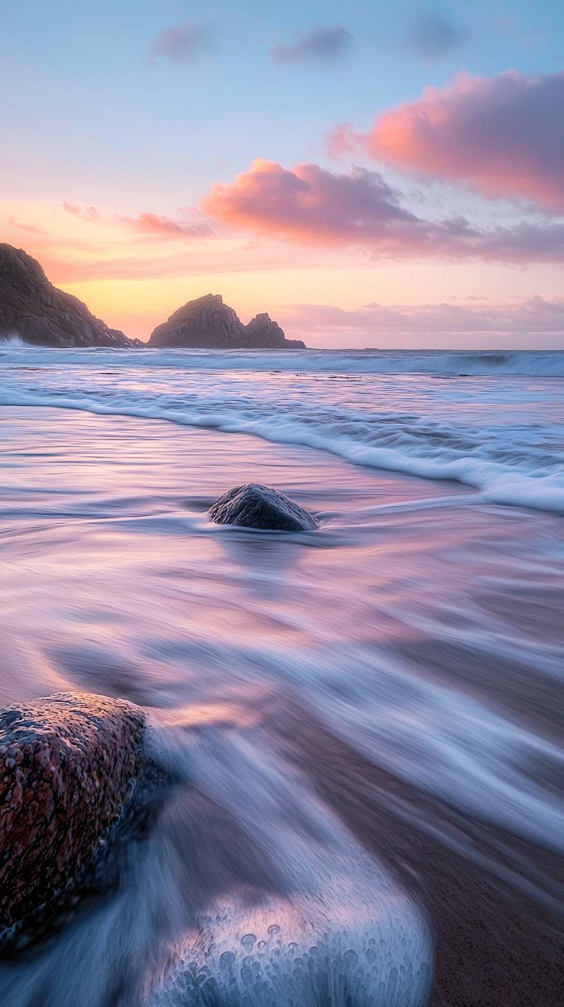 Um pôr do sol tranquilo no oceano com ondas suaves e céus em tons de rosa e laranja.