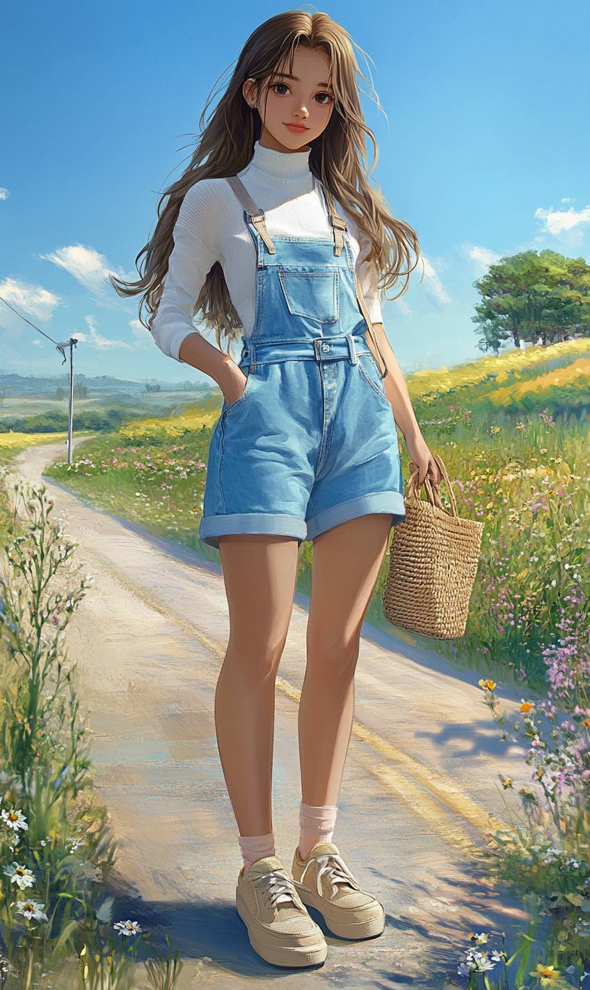 A fresh anime girl wearing a light blue denim overall dress and a white turtleneck top.