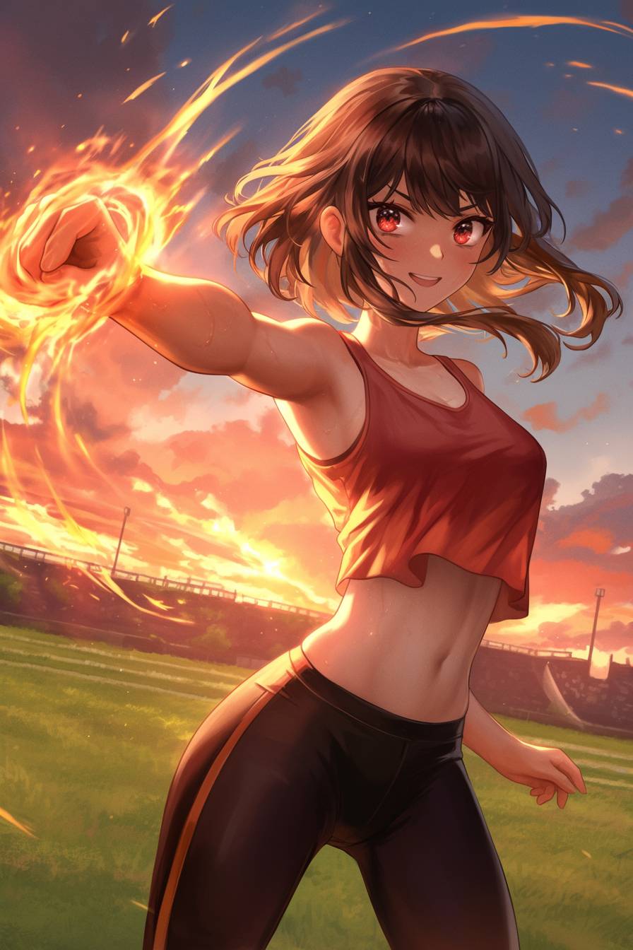 Megumin de Konosuba vestindo roupas casuais esportivas de Sydney Sweeney, lançando feitiços em um campo aberto.