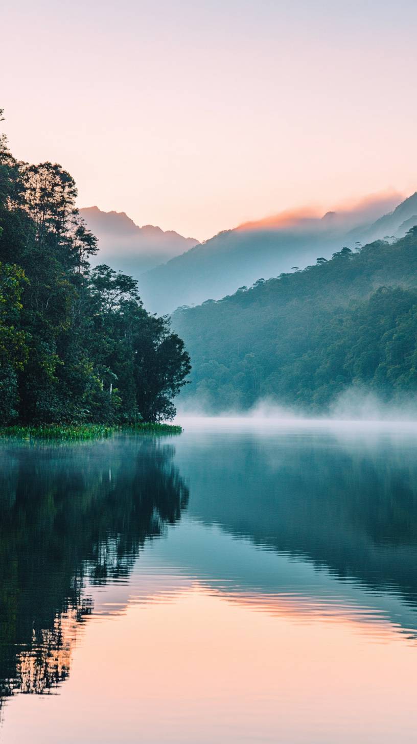 Ein ruhiger See, umgeben von üppigem Wald bei Sonnenaufgang mit sanften Pastellfarben.