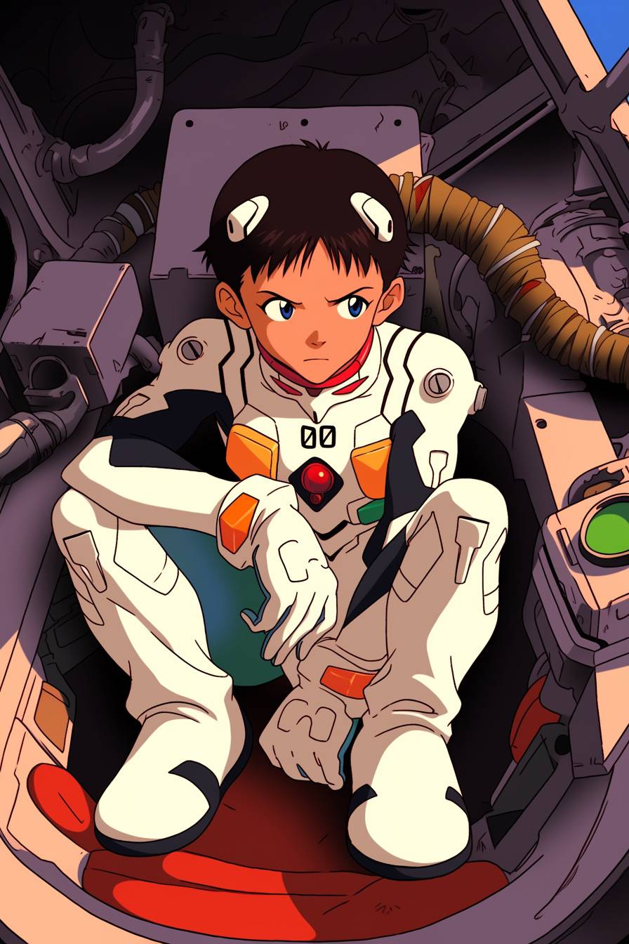 Ezra Miller est déguisé en Shinji Ikari de Neon Genesis Evangelion, portant une combinaison blanche et assis dans le cockpit de l'EVA.