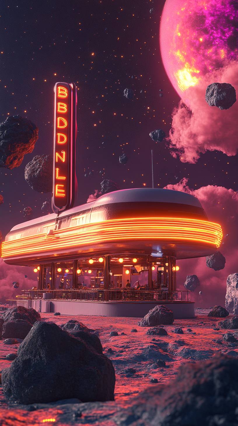 Ein retro-futuristisches Diner, das im Orbit schwebt, mit einem neonschild, das vor dem Hintergrund rotierender Asteroiden flackert.