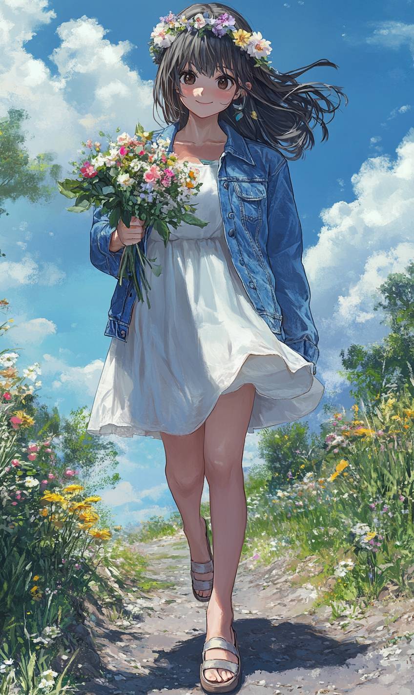 Fresh anime girl in a blue denim jacket, white dress, flats, holding flowers in a countryside setting with natural lighting, intricate anime style.