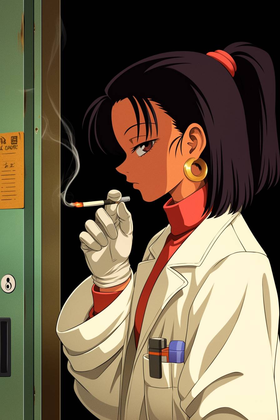 Tessa Thompson cosplaying as Shoko Ieiri from Jujutsu Kaisen in a white coat, holding a cigarette in a dark hospital room.