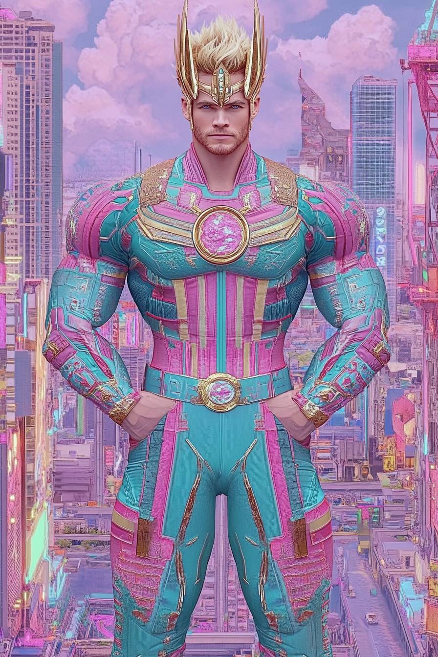 Chris Hemsworth cosplaying as All Might from My Hero Academia in a bold red, white, and blue hero suit, striking a muscular pose against a vibrant cityscape in anime style.