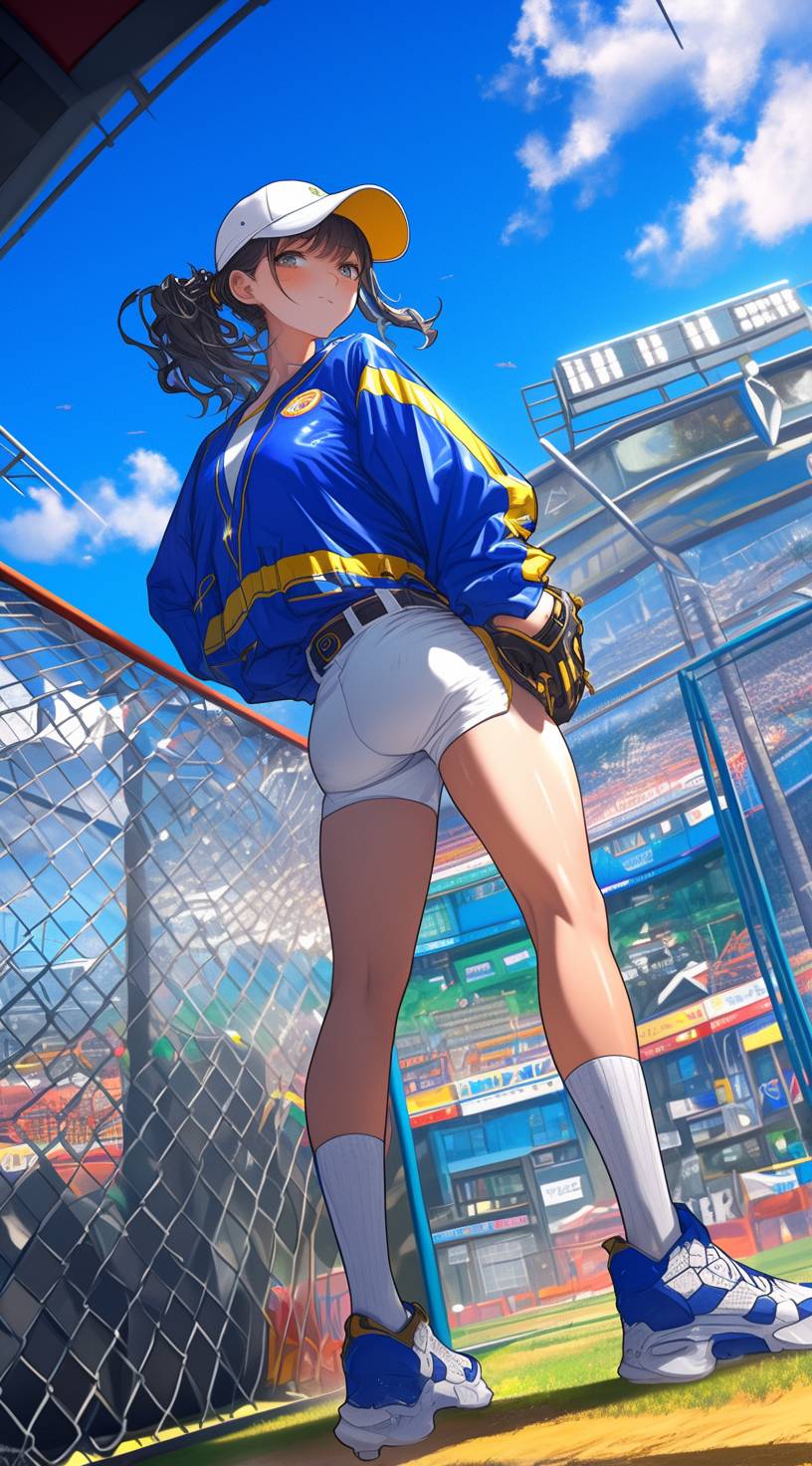 Uma garota de beisebol em um uniforme azul e amarelo posa em frente a um estádio de estilo cyberpunk.