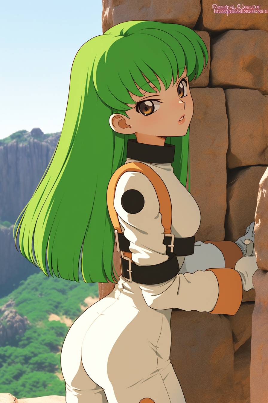 Emilia Clarke cosplaying as C.C. from Code Geass, wearing a white straitjacket and flowing green hair in a vibrant anime style.