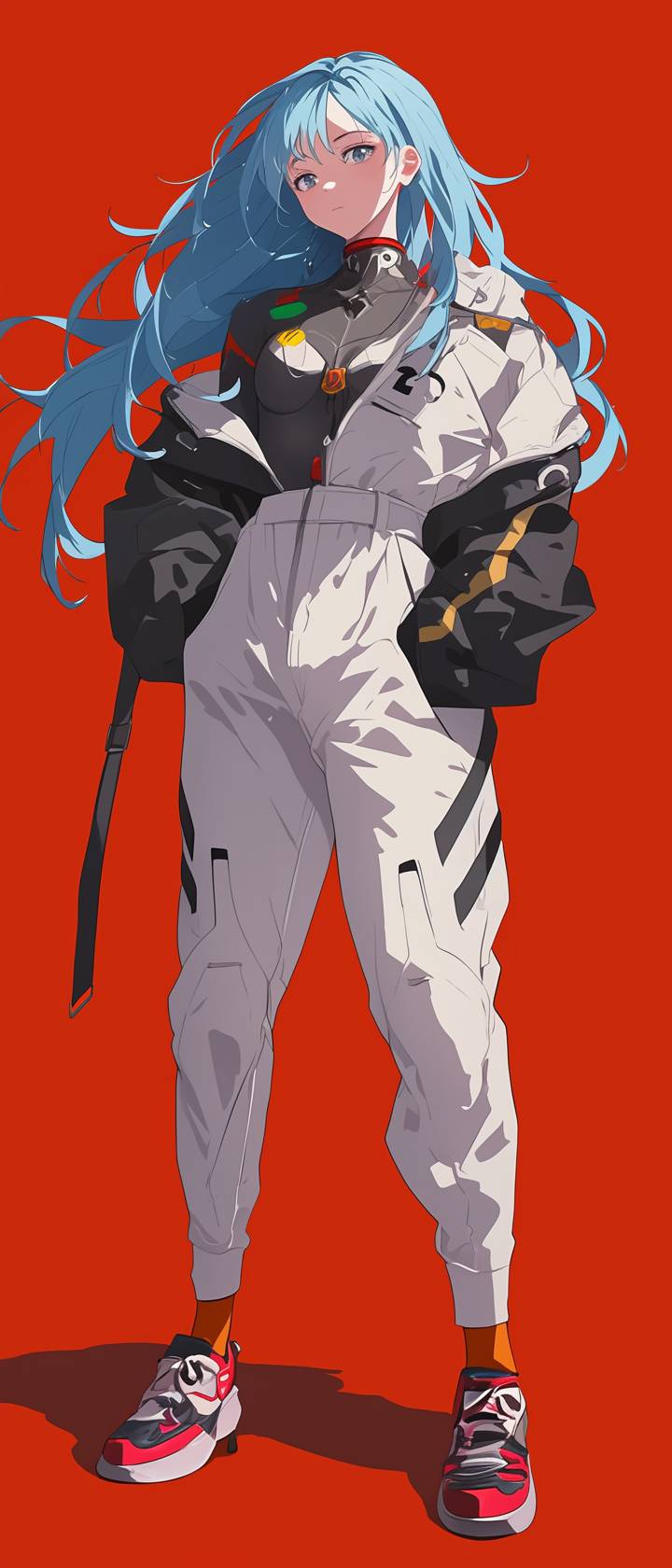 Billie Eilish cosplaying as Shinji Ikari from Neon Genesis Evangelion, wearing a Gucci white plugsuit, black oversized jacket, and sneakers.