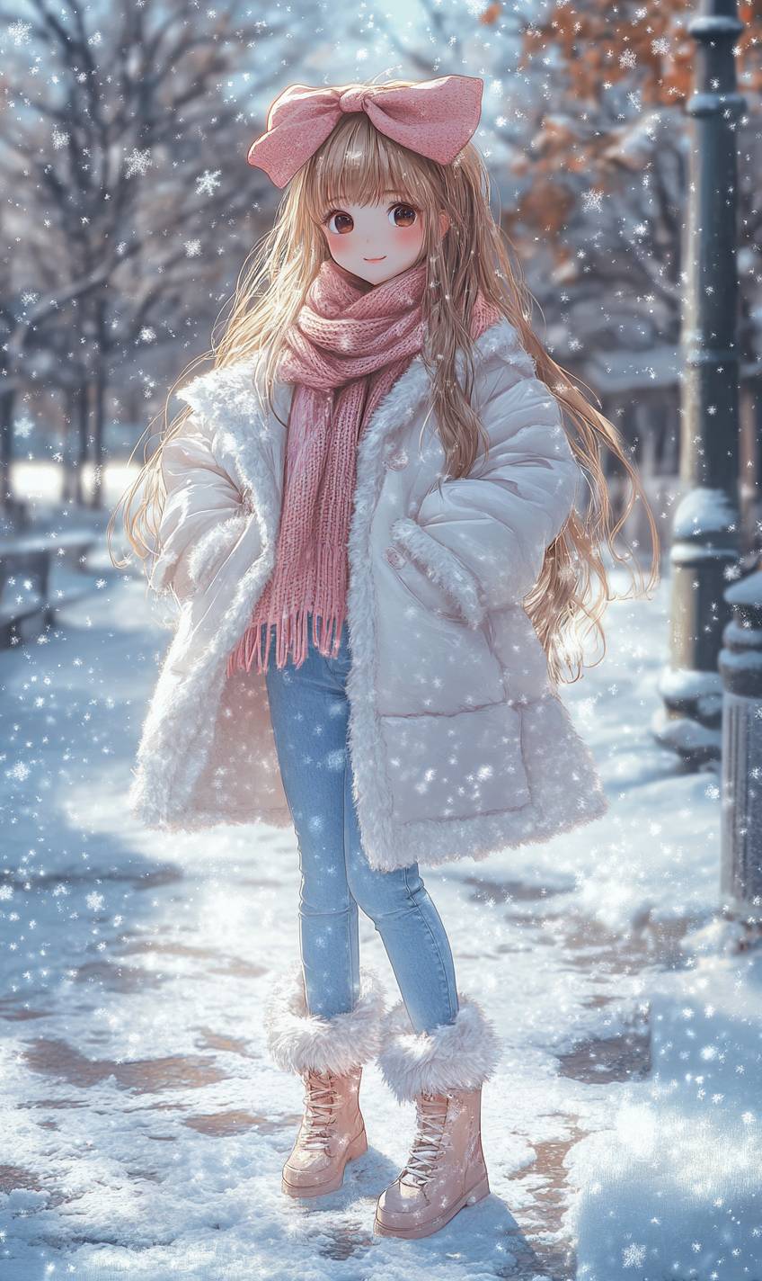 Jolie fille d'anime avec de longs cheveux et un nœud, portant un manteau blanc duveteux et une écharpe rose dans un décor hivernal chaleureux.