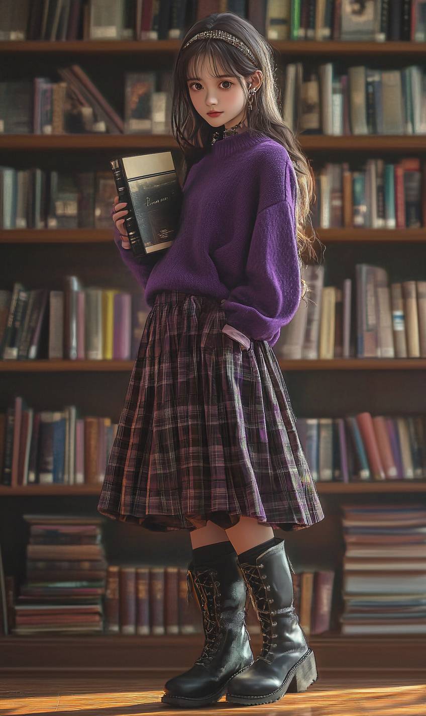 Una chica de anime soñadora con un suéter púrpura, falda larga de cuadros, zapatos de cuero y diadema en un ambiente de biblioteca con suaves tonos morados, calidad anime 4k.