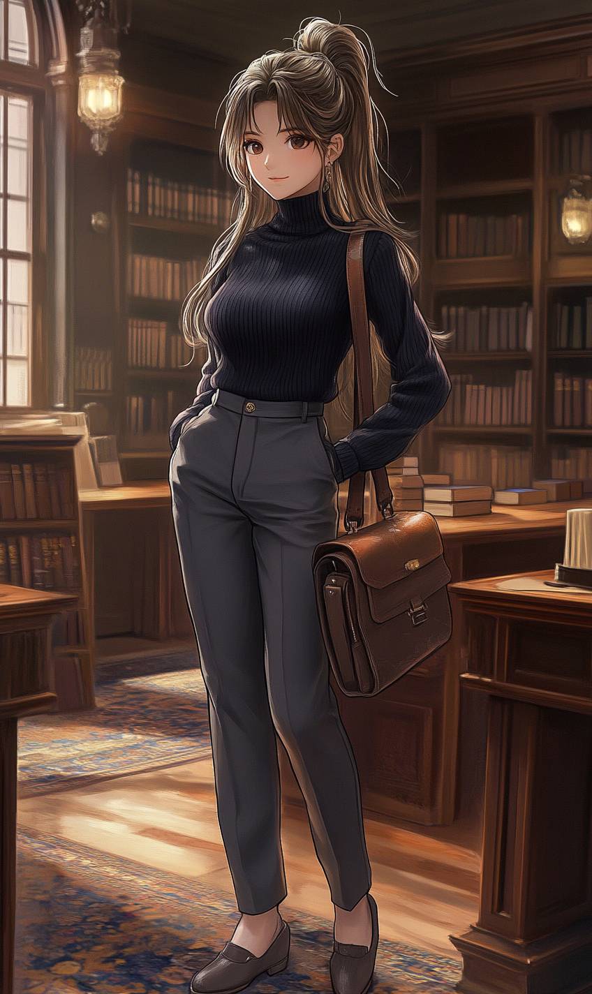 An intellectual anime girl with long hair in a messy bun, wearing a navy turtleneck sweater and gray trousers.