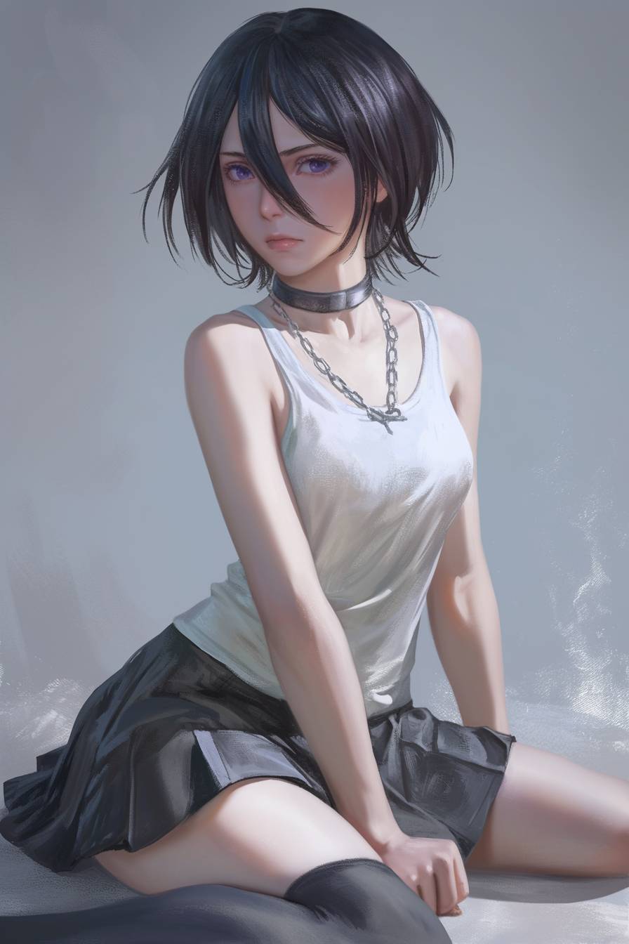 Linda Rukia Kuchiki em uma saia plissada e top, cabelo curto escuro, olhos roxos claros, sentada com correntes ao redor do pescoço, fundo cinza.