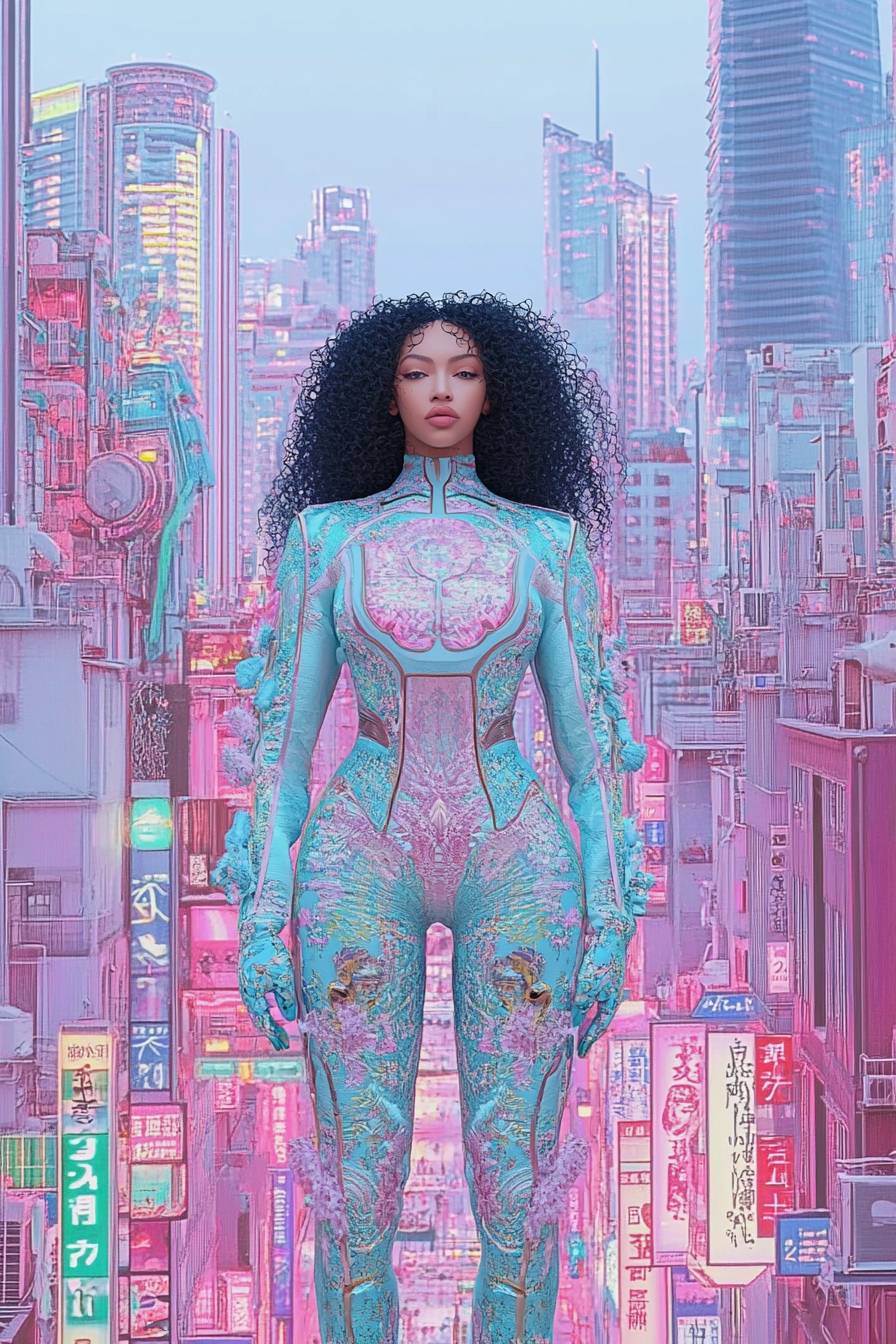 Beyoncé cosplaying as Motoko Kusanagi from Ghost in the Shell, wearing a futuristic bodysuit in a cyberpunk cityscape.