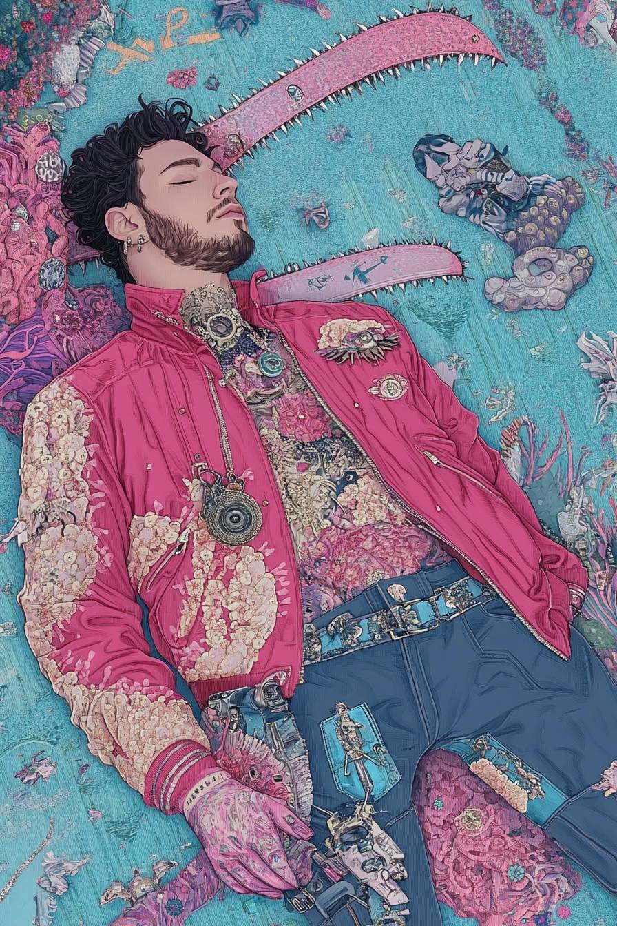 Post Malone déguisé en Denji de Chainsaw Man, portant une veste rouge avec des bras de tronçonneuse dans un champ de bataille chaotique, style anime vibrant.