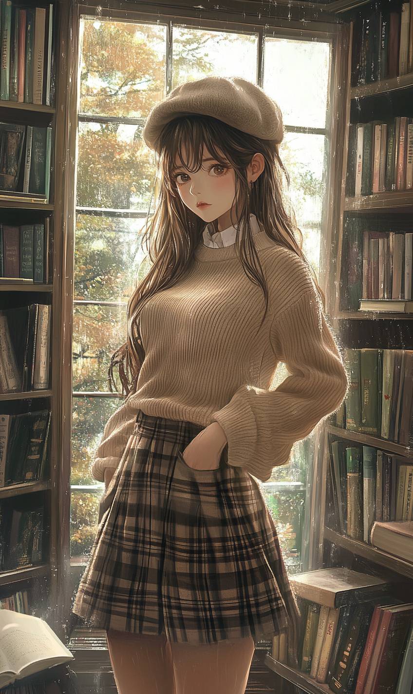 Gentle anime girl with long hair in a beige sweater, plaid skirt, and beret, in a cozy bookstore on a rainy day.