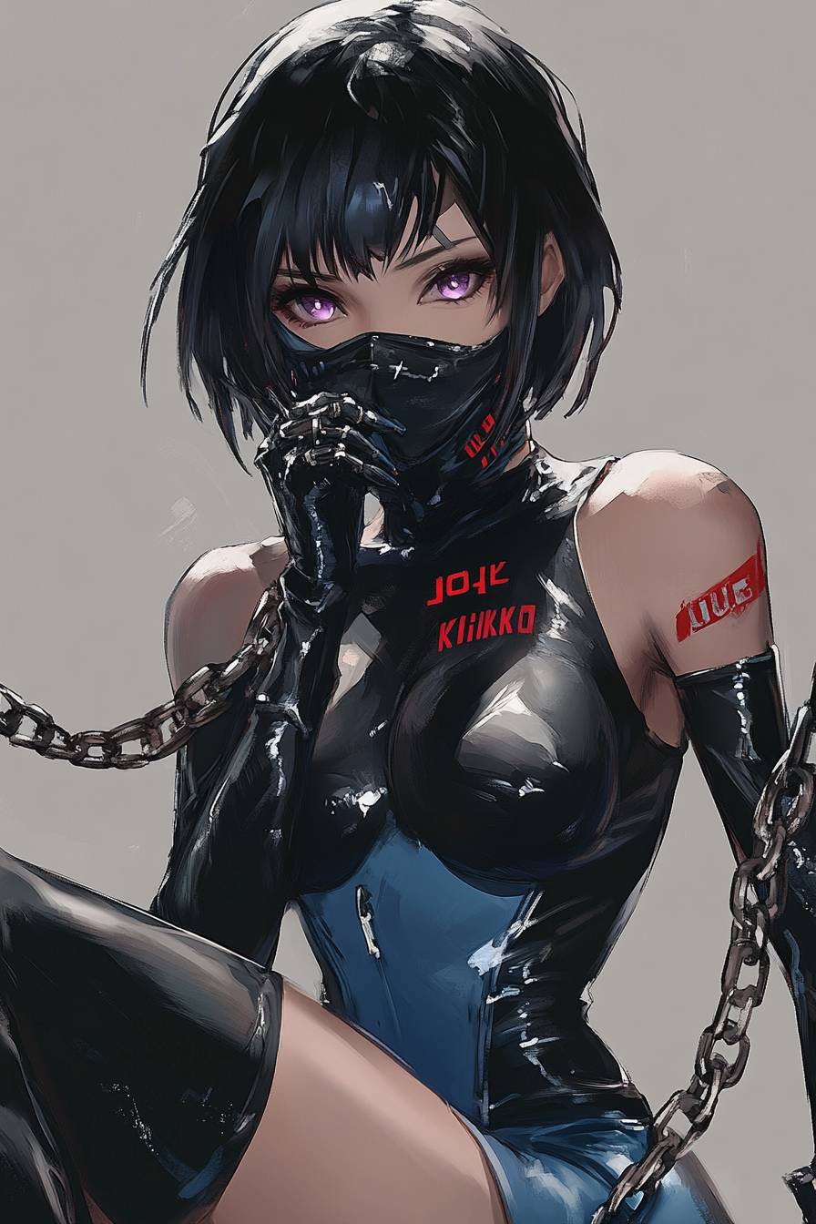 Eine schöne Rukia Kuchiki in einem schwarz-blauen Overall mit einer Maske, sitzt mit Ketten um den Hals