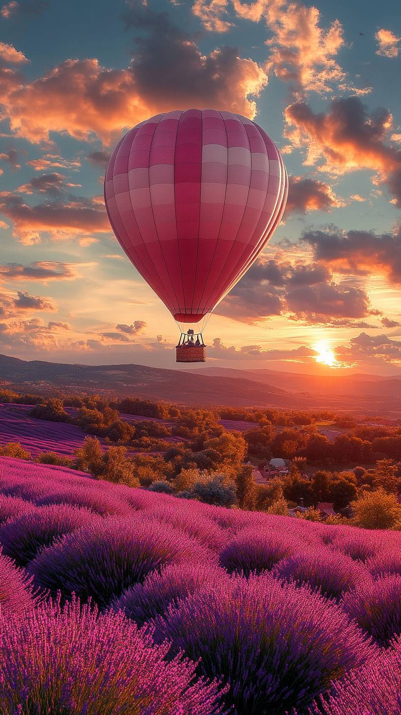 Um balão de ar quente caprichoso flutuando sobre campos de lavanda ao sol da hora dourada, tons pastéis suaves, no estilo de Wes Anderson.