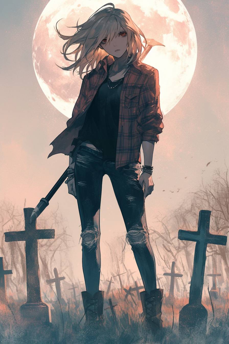 Maka Albarn de Soul Eater vestindo o estilo ousado de Kristen Stewart, com camisa xadrez, jeans rasgados e botas de combate, em um cemitério envolto em neblina.