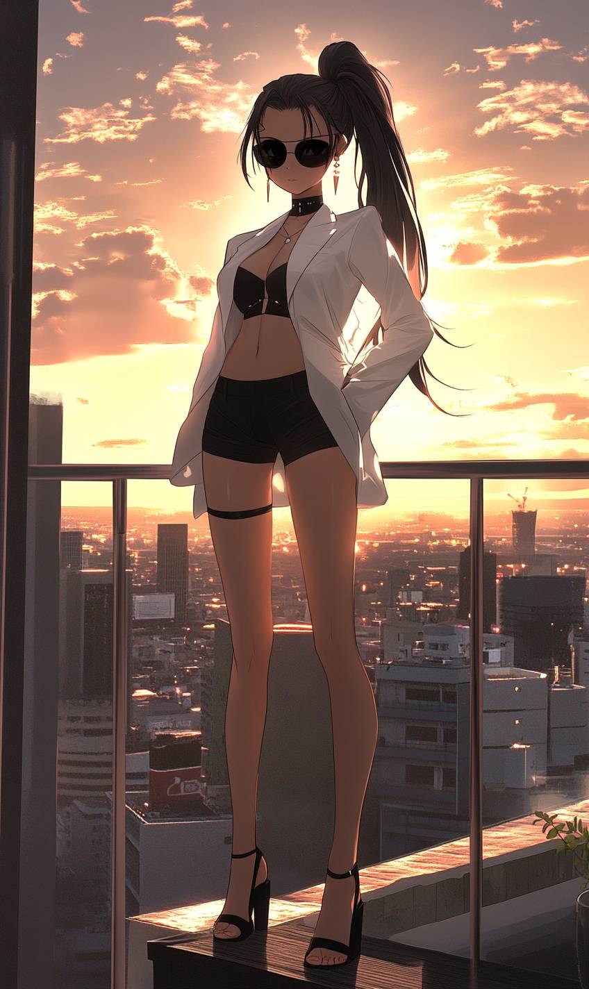 Chica anime elegante con coleta larga, blazer blanco, pantalones cortos negros, sandalias con tiras, gafas de sol, en un entorno de crepúsculo urbano.