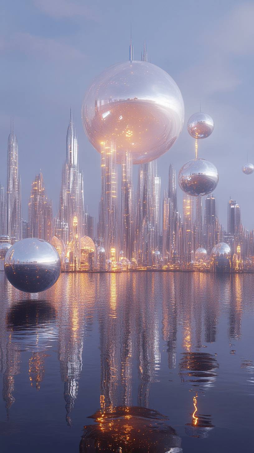 Uma cidade futurista construída inteiramente de esferas translúcidas brilhantes suspensas sobre um oceano de obsidiana reflexiva.